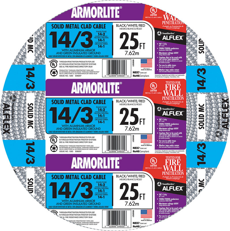 Southwire Armorlite 25 ft. 14/3 Solid Aluminum Armored MC Cable
