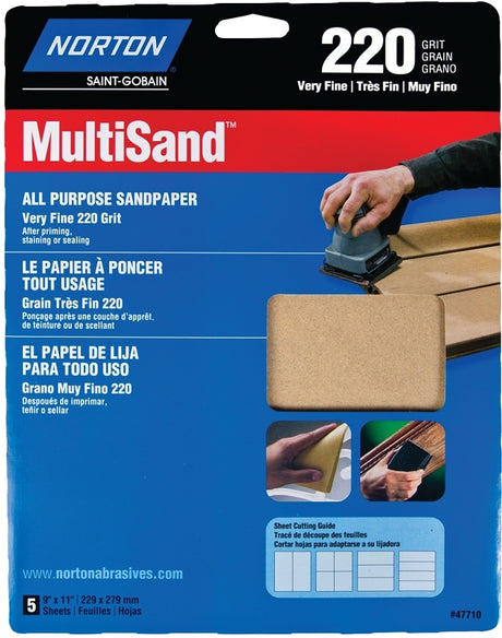 Norton MultiSand 07660747710 Sanding Sheet, Brown, 11 in L, 9 in W, Very Fine, 220 Grit