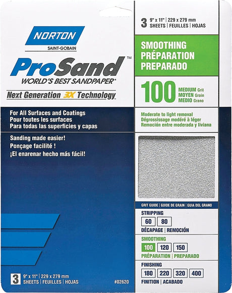 Norton ProSand 07660768162 Sanding Sheet, Tan, 11 in L, 9 in W, Medium, 100 Grit, Aluminum Oxide Abrasive