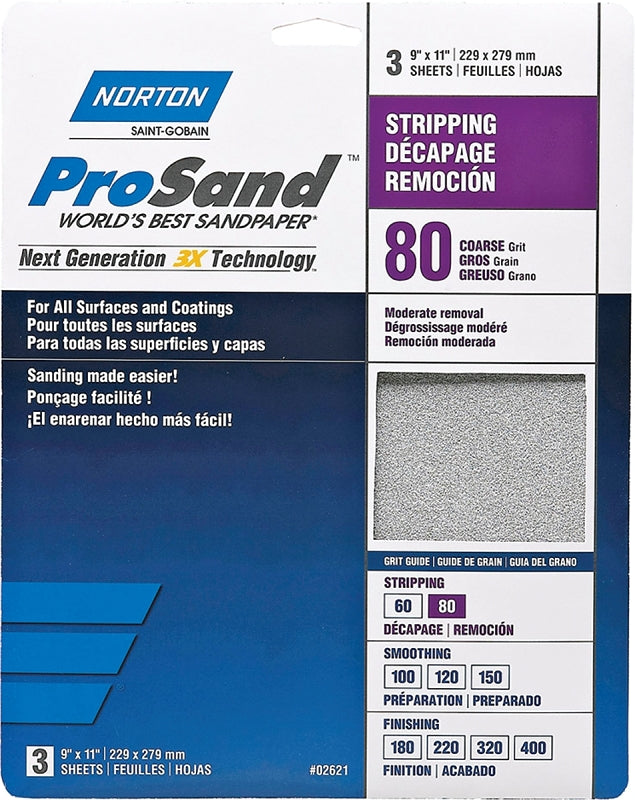 Norton ProSand 07660768163 Sanding Sheet, Tan, 11 in L, 9 in W, Coarse, 80 Grit, Aluminum Oxide Abrasive