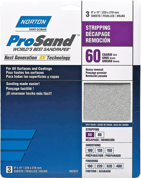 Norton ProSand 07660768164 Sanding Sheet, Tan, 11 in L, 9 in W, Coarse, 60 Grit, Aluminum Oxide Abrasive