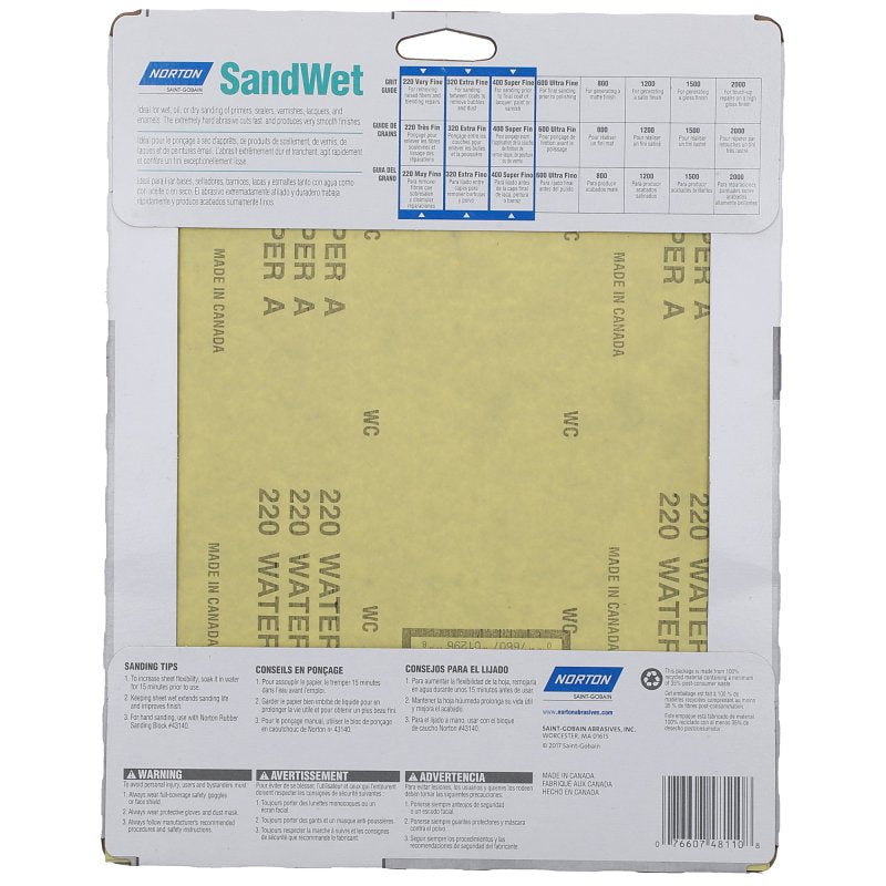 Norton 48110 Sanding Sheet, 9 in L, 11 in W, 220, 320, 440 Grit, Extra Fine, Aluminum Oxide Abrasive