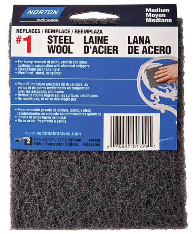 Norton 01729 Steel Wool, 4-3/8 in L, 5-1/2 in W, 1 Grit, Medium, Charcoal
