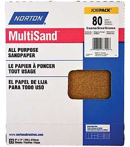 Norton MultiSand 07660768109 Sanding Sheet, Brown, 11 in L, 9 in W, Coarse, 80 Grit, Aluminum Oxide Abrasive