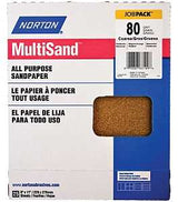 Norton MultiSand 07660768109 Sanding Sheet, Brown, 11 in L, 9 in W, Coarse, 80 Grit, Aluminum Oxide Abrasive