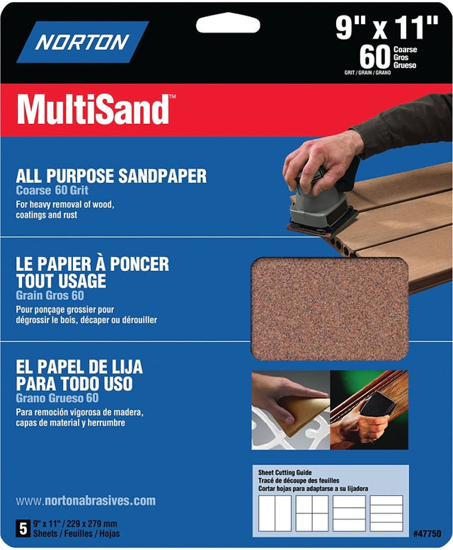 Norton MultiSand 07660747750 Sanding Sheet, Brown, 11 in L, 9 in W, Coarse, 60 Grit, Aluminum Oxide Abrasive