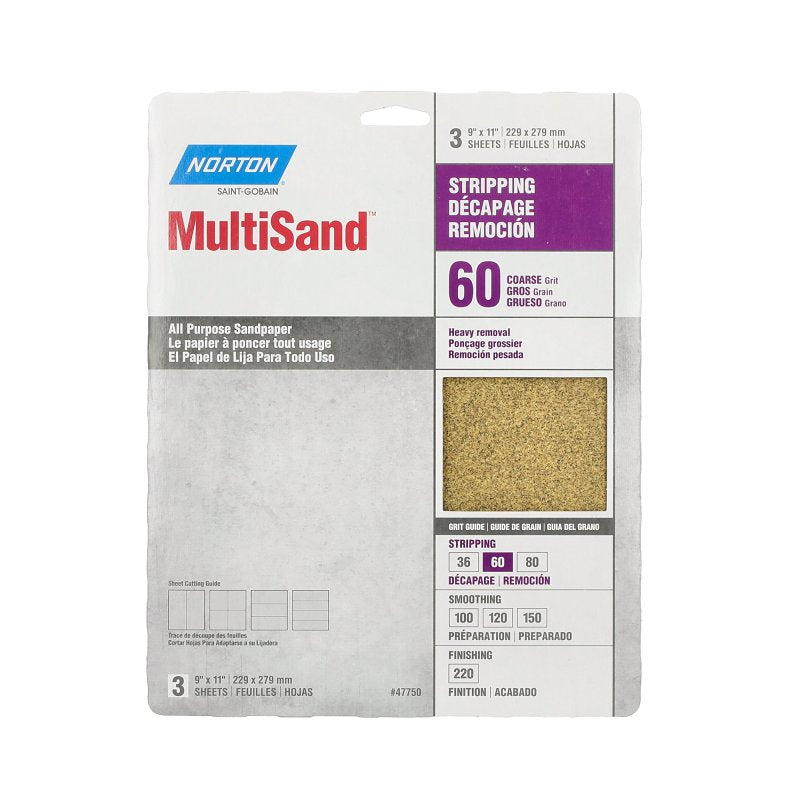 Norton MultiSand 07660747750 Sanding Sheet, 11 in L, 9 in W, Coarse, 60 Grit, Aluminum Oxide Abrasive, Paper Backing