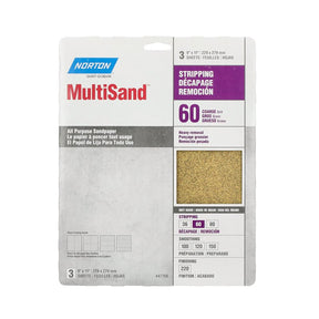 Norton MultiSand 07660747750 Sanding Sheet, 11 in L, 9 in W, Coarse, 60 Grit, Aluminum Oxide Abrasive, Paper Backing