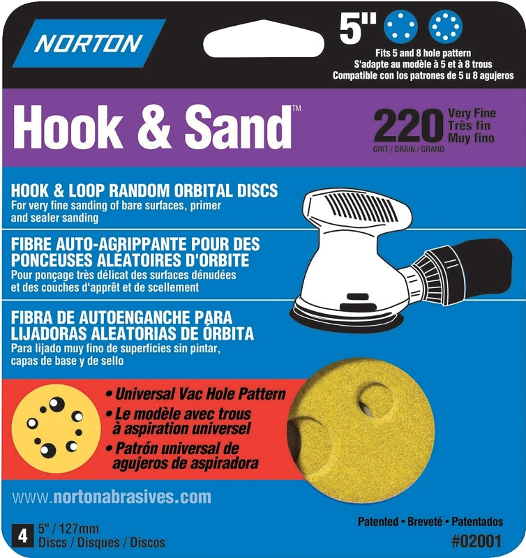 Norton 02001 Sanding Disc, 5 in Dia, Coated, P220 Grit, Very Fine, Aluminum Oxide Abrasive