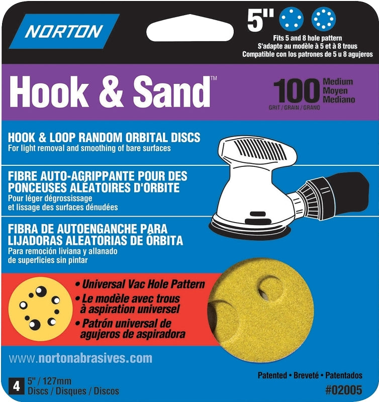 Norton 02005 Sanding Disc, 5 in Dia, Coated, P100 Grit, Medium, Aluminum Oxide Abrasive, Universal Vacuum, Paper Backing