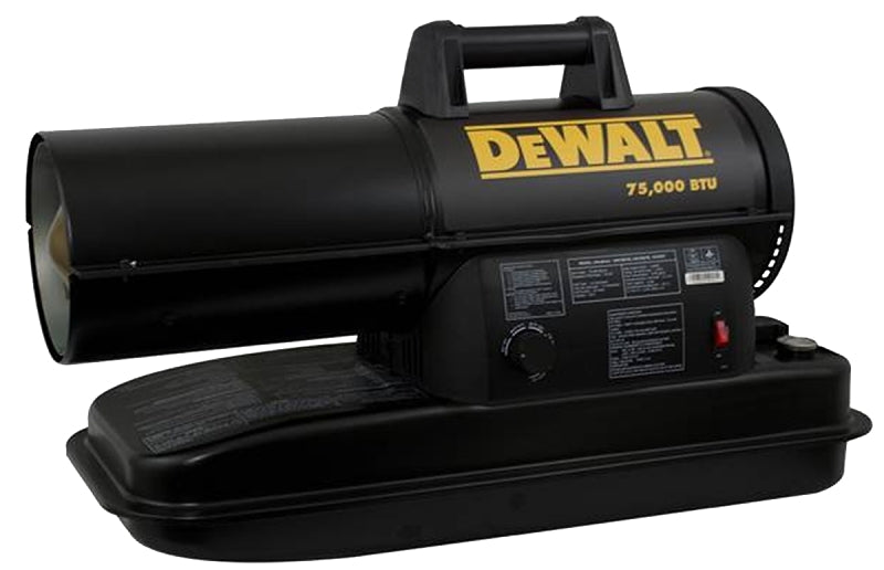 DEWALT F340760 Forced Air Heater, 6 gal Fuel Tank, Kerosene, 75,000 Btu/hr BTU, 1750 sq-ft Heating Area, Black