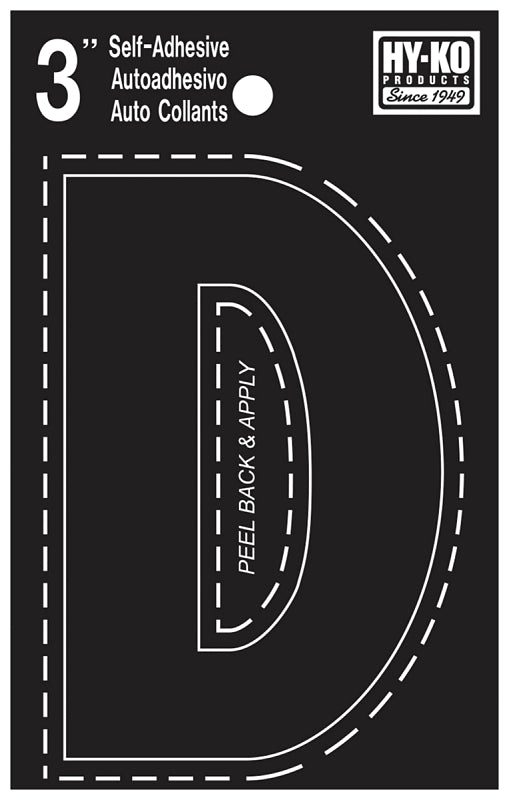 Hy-Ko 30400 Series 30414 Die-Cut Letter, Character: D, 3 in H Character, Black Character, Vinyl, Pack of 10