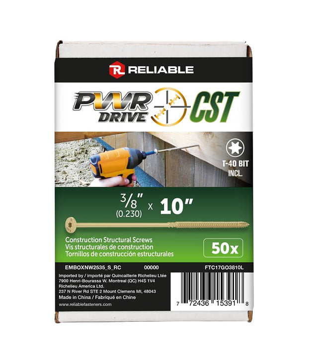 PWR DRIVE FTC17GO3810L General Construction Structural Screw, 3/8 in Thread, 10 in L, Coarse Thread, Flat with Nibs Head