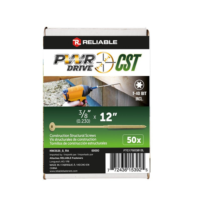 PWR DRIVE FTC17GO3812L General Construction Structural Screw, 3/8 in Thread, 12 in L, Coarse Thread, Flat with Nibs Head