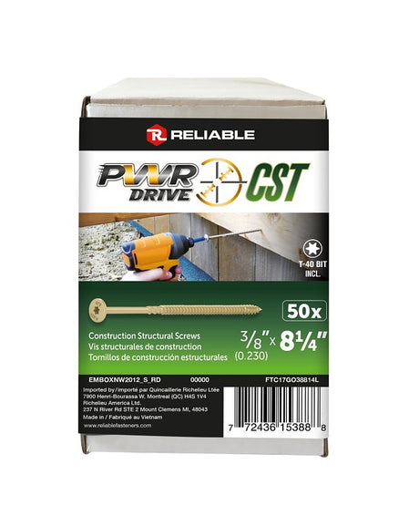 PWR DRIVE FTC17GO38814L General Construction Structural Screw, 3/8 in Thread, 8-1/4 in L, Coarse Thread, Star Drive