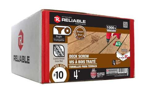 Reliable FKCBR104 Deck Screw, #10-9 Thread, 4 in L, Coarse, Partial Thread, Bugle, Flat Head, Square Drive, Steel