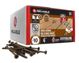 Reliable FKCBR104 Deck Screw, #10-9 Thread, 4 in L, Coarse, Partial Thread, Bugle, Flat Head, Square Drive, Steel