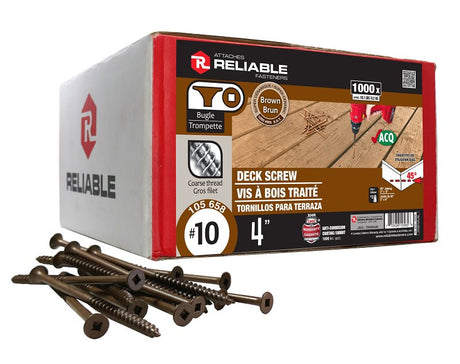 Reliable FKCBR104 Deck Screw, #10-9 Thread, 4 in L, Coarse, Partial Thread, Bugle, Flat Head, Square Drive, Steel