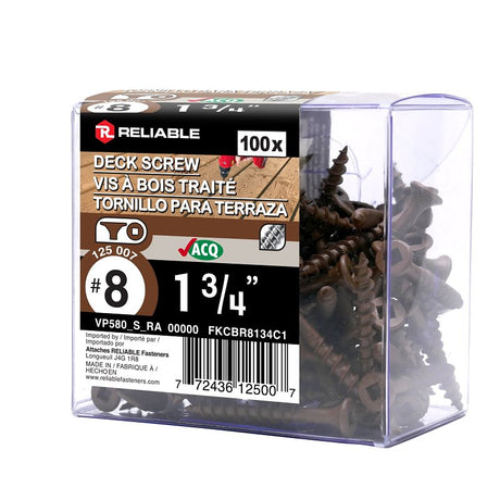 Reliable FKCBR8134C1 Deck Screw, #8-10 Thread, 1-3/4 in L, Coarse, Partial Thread, Bugle, Flat Head, Square Drive, Steel