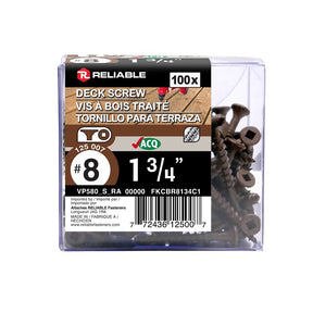 Reliable FKCBR8134C1 Deck Screw, #8-10 Thread, 1-3/4 in L, Coarse, Partial Thread, Bugle, Flat Head, Square Drive, Steel