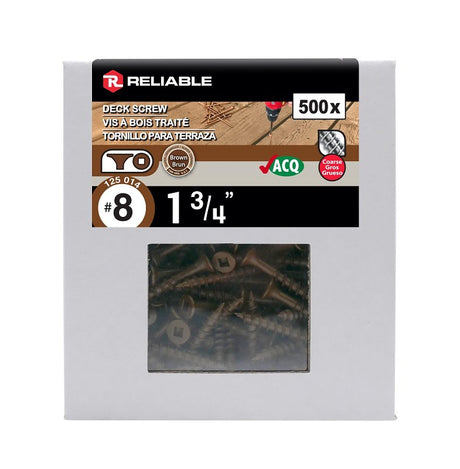 Reliable FKCBR8134C5 Deck Screw, #8-10 Thread, 1-3/4 in L, Coarse, Partial Thread, Bugle, Flat Head, Square Drive, Steel