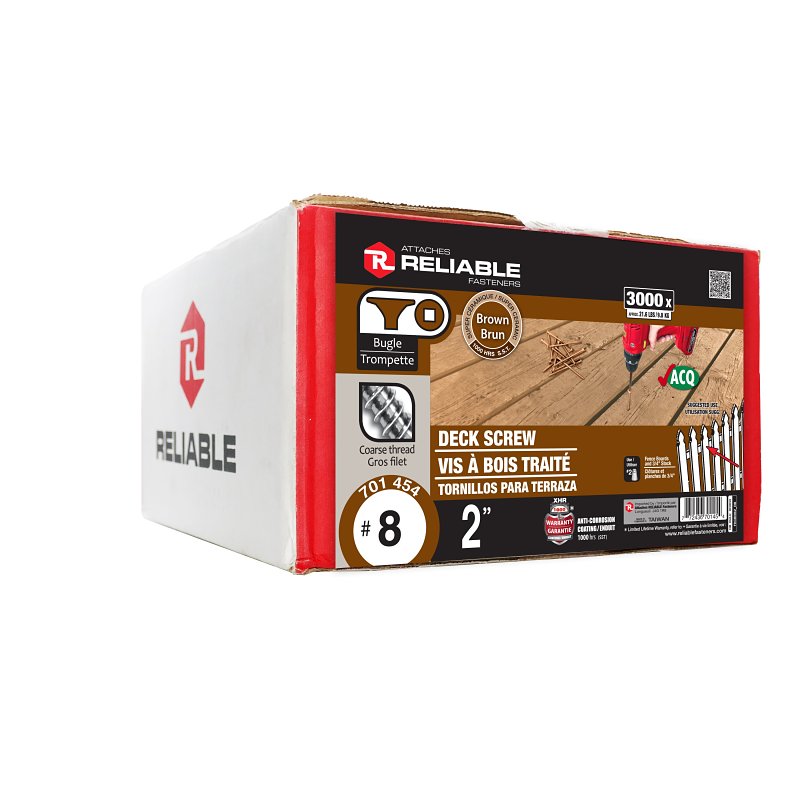 Reliable FKCBR82 Deck Screw, #8-10 Thread, 2 in L, Coarse, Partial Thread, Bugle, Flat Head, Square Drive, Regular Point