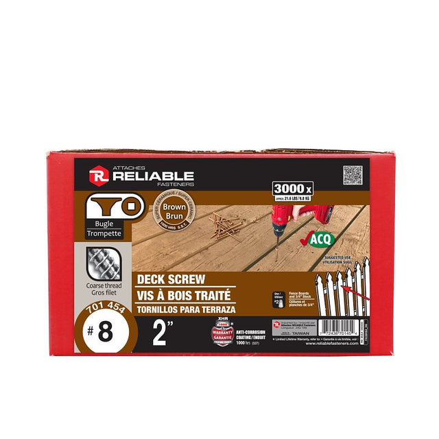 Reliable FKCBR82 Deck Screw, #8-10 Thread, 2 in L, Coarse, Partial Thread, Bugle, Flat Head, Square Drive, Regular Point