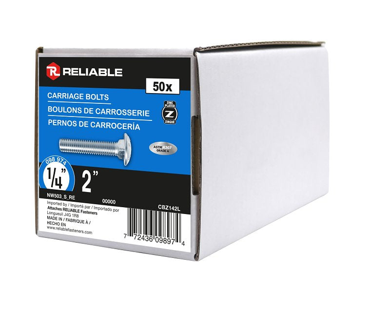 Reliable CBZ142L Carriage Bolt, 1/4-20 Thread, Coarse, Full Thread, 2 in OAL, Steel, Zinc-Plated, A Grade
