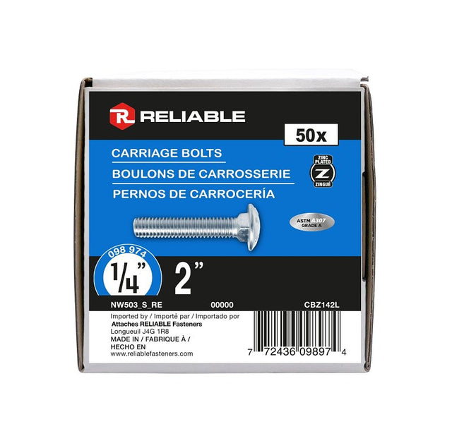 Reliable CBZ142L Carriage Bolt, 1/4-20 Thread, Coarse, Full Thread, 2 in OAL, Steel, Zinc-Plated, A Grade