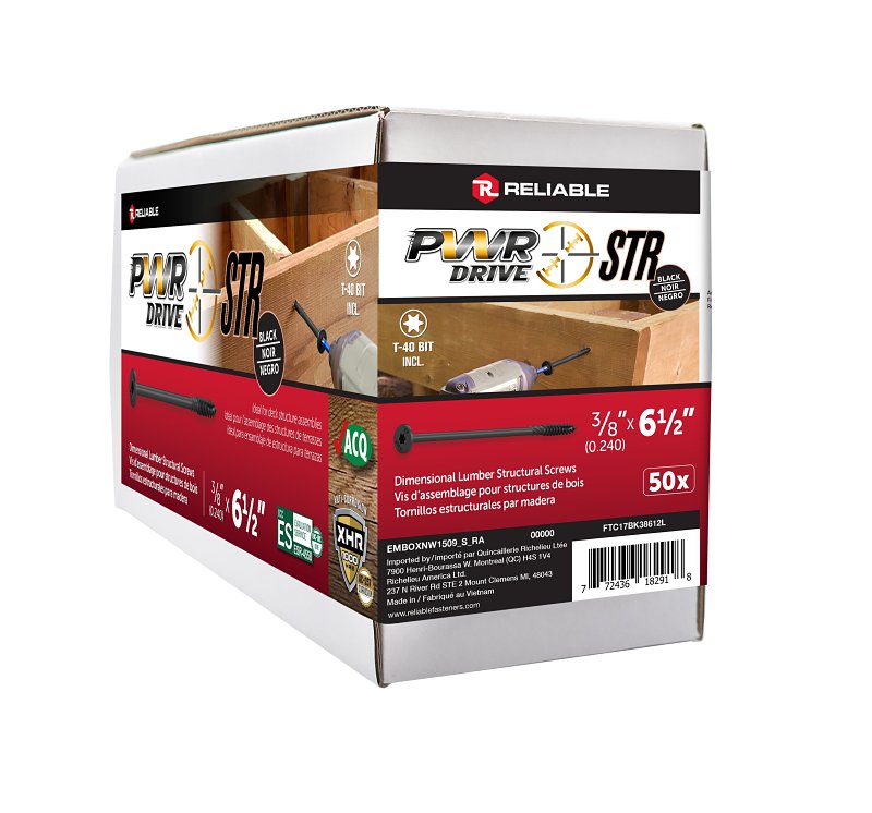 PWR DRIVE FTC17BK38612L Deck Screw, 3/8 in Thread, 6-1/2 in L, Coarse Thread, Flat with Nibs Head, Star Drive, Steel