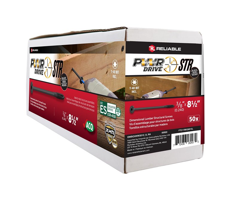PWR DRIVE FTC17BK38812L Deck Screw, 3/8 in Thread, 8-1/2 in L, Coarse Thread, Flat with Nibs Head, Star Drive, Steel