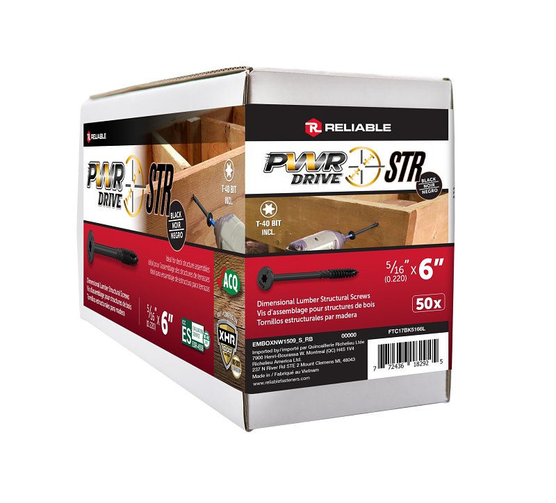 PWR DRIVE FTC17BK5166L Deck Screw, 5/16 in Thread, 6 in L, Coarse Thread, Flat with Nibs Head, Star Drive, Type 17 Point