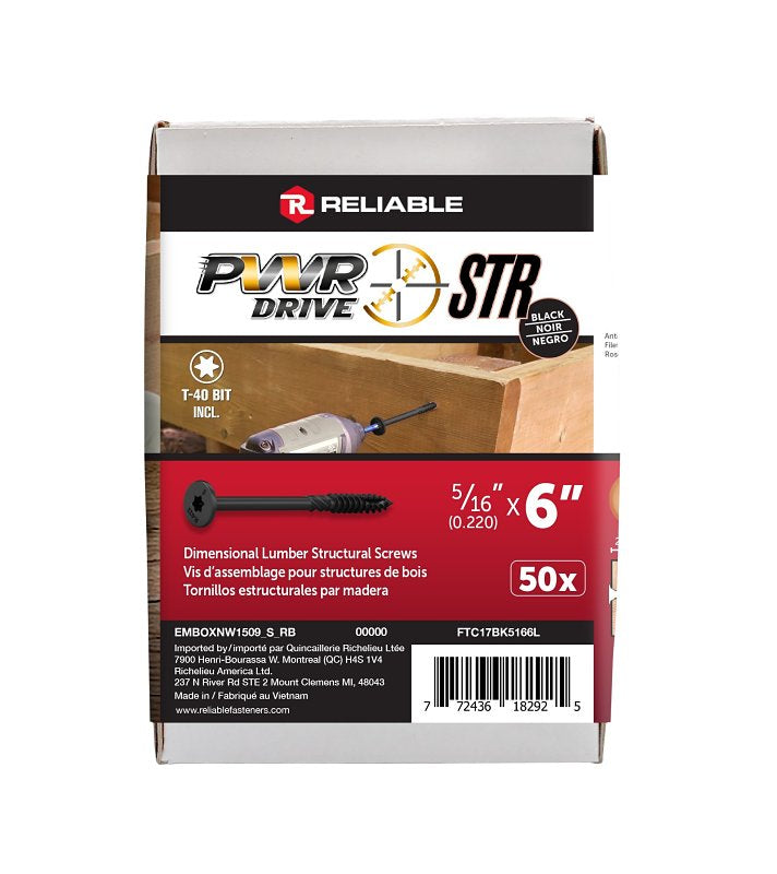 PWR DRIVE FTC17BK5166L Deck Screw, 5/16 in Thread, 6 in L, Coarse Thread, Flat with Nibs Head, Star Drive, Type 17 Point