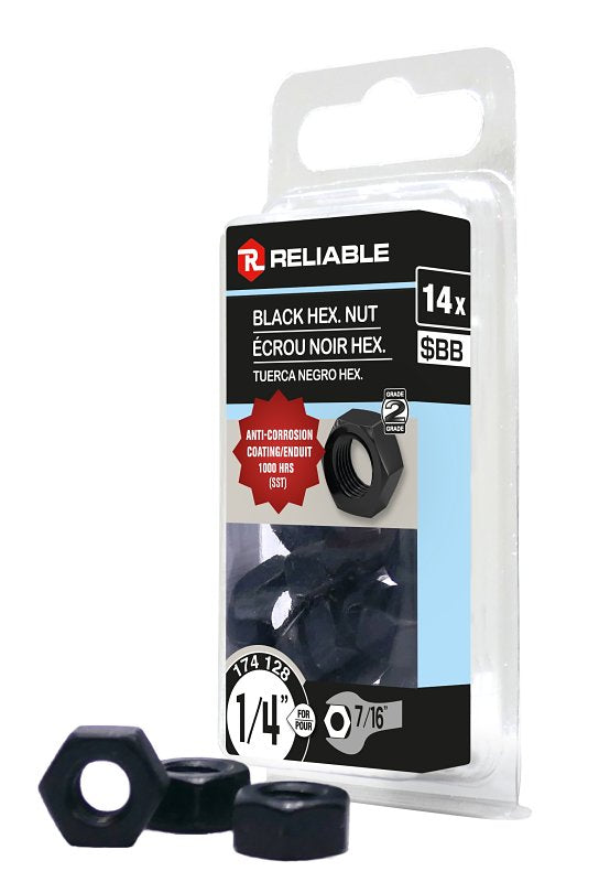Reliable FHNCBLK14MR Hex Nut, Coarse Thread, 1/4-20 Thread, Steel, ACQ Black Epoxy, 2 Grade