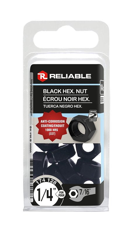 Reliable FHNCBLK14MR Hex Nut, Coarse Thread, 1/4-20 Thread, Steel, ACQ Black Epoxy, 2 Grade
