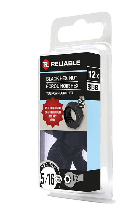 Reliable FHNCBLK516MR Hex Nut, Coarse Thread, 5/16-18 Thread, Steel, ACQ Black Epoxy, 2 Grade