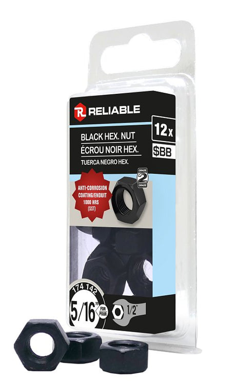 Reliable FHNCBLK516MR Hex Nut, Coarse Thread, 5/16-18 Thread, Steel, ACQ Black Epoxy, 2 Grade