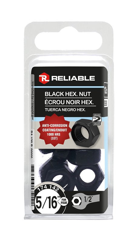 Reliable FHNCBLK516MR Hex Nut, Coarse Thread, 5/16-18 Thread, Steel, ACQ Black Epoxy, 2 Grade