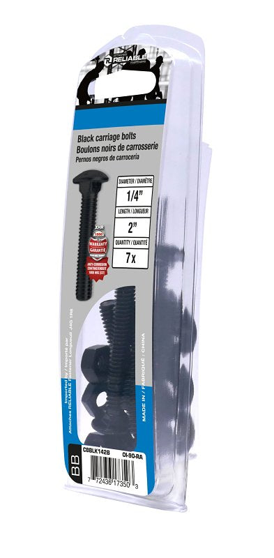 Reliable CBBLK142B Carriage Bolt, 1/4-20 Thread, Coarse, Full Thread, 2 in OAL, Steel, Rustproof, A Grade