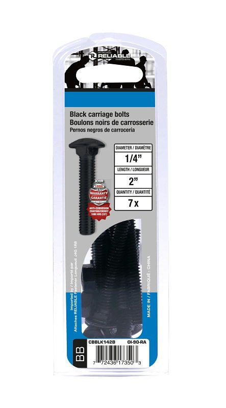 Reliable CBBLK142B Carriage Bolt, 1/4-20 Thread, Coarse, Full Thread, 2 in OAL, Steel, Rustproof, A Grade