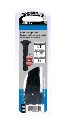 Reliable CBBLK14212B Carriage Bolt, 1/4-20 Thread, Coarse, Full Thread, 2-1/2 in OAL, Steel, Rustproof, A Grade