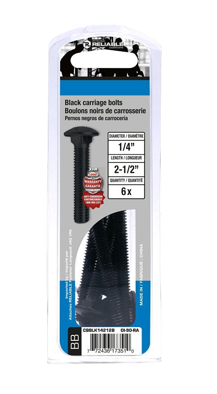 Reliable CBBLK14212B Carriage Bolt, 1/4-20 Thread, Coarse, Full Thread, 2-1/2 in OAL, Steel, Rustproof, A Grade