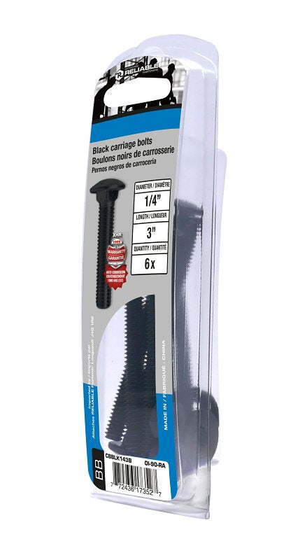 Reliable CBBLK143B Carriage Bolt, 1/4-20 Thread, Coarse Thread, 3 in OAL, Steel, Rustproof, A Grade, Inch Measuring