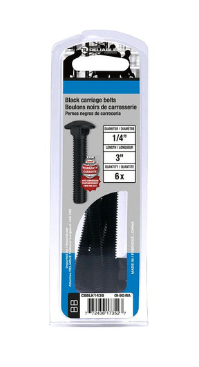 Reliable CBBLK143B Carriage Bolt, 1/4-20 Thread, Coarse Thread, 3 in OAL, Steel, Rustproof, A Grade, Inch Measuring