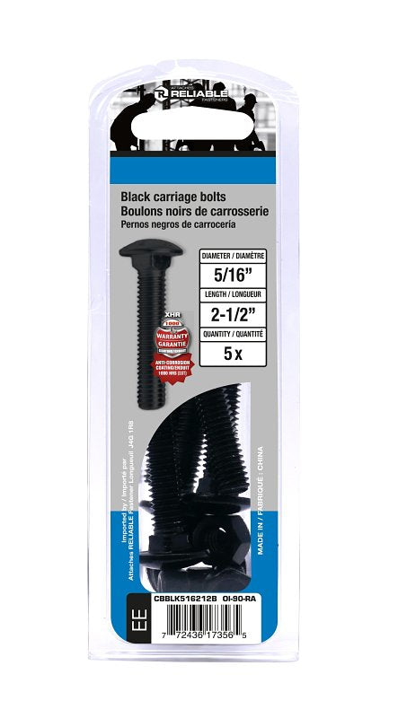 Reliable CBBLK516212B Carriage Bolt, 5/16-18 Thread, Coarse, Full Thread, 2-1/2 in OAL, Steel, Rustproof, A Grade