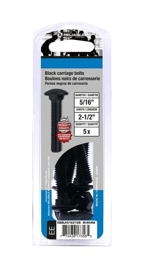Reliable CBBLK516212B Carriage Bolt, 5/16-18 Thread, Coarse, Full Thread, 2-1/2 in OAL, Steel, Rustproof, A Grade