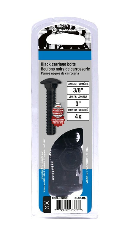Reliable CBBLK383B Carriage Bolt, 3/8-16 Thread, Coarse, Full Thread, 3 in OAL, Steel, Rustproof, A Grade