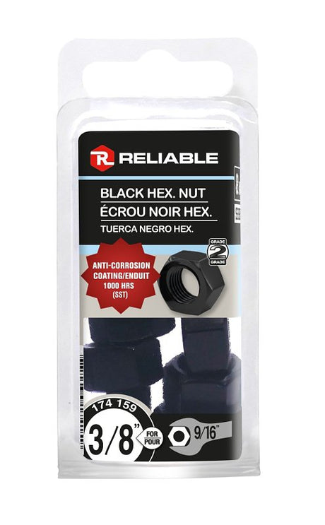 Reliable FHNCBLK38MR Hex Nut, Coarse Thread, 3/8-16 Thread, Steel, ACQ Black Epoxy, 2 Grade