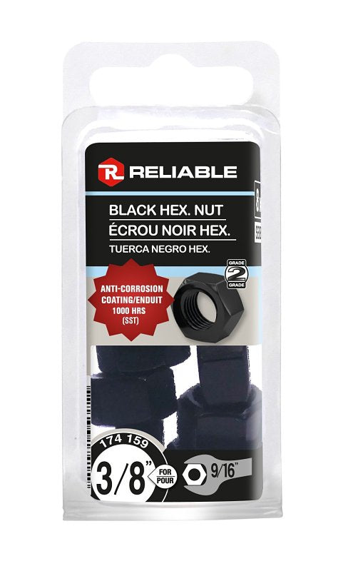 Reliable FHNCBLK38MR Hex Nut, Coarse Thread, 3/8-16 Thread, Steel, ACQ Black Epoxy, 2 Grade