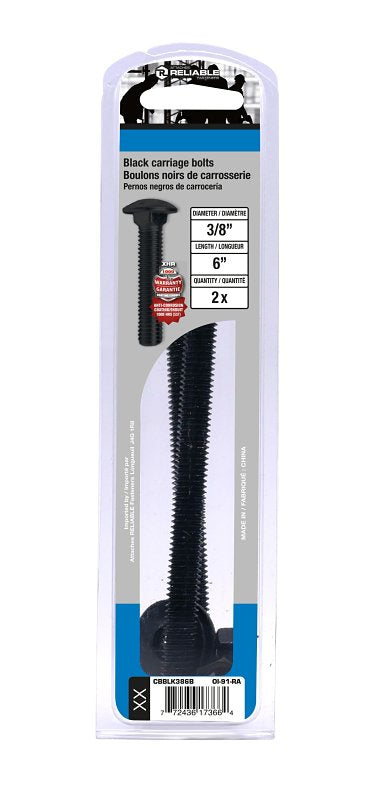 Reliable CBBLK386B Carriage Bolt, 3/8-16 Thread, Coarse, Full Thread, 6 in OAL, Steel, Rustproof, A Grade
